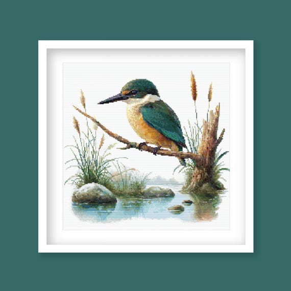 Kingfisher Cross Stitch Pattern, Sacred Kingfisher Kōtare, New Zealand Bird Embroidery (Digital PDF Download)