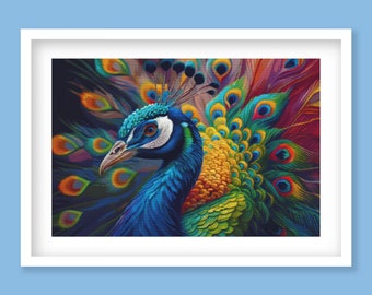 Peacock Cross Stitch Pattern, Vibrant Bird Embroidery. Instant PDF Download
