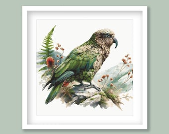 New Zealand Kea Cross Stitch Pattern. Native New Zealand Bird Cross-Stitch Pattern in watercolor tones. Digital PDF Download