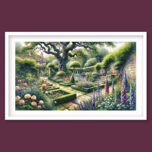 English Garden Cross Stitch Pattern | Beautiful Victorian Garden Needlework Design. Digital PDF Download