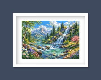 Mountain Waterfall Cross Stitch Pattern – Scenic Landscape Nature Embroidery Chart (Digital Download)