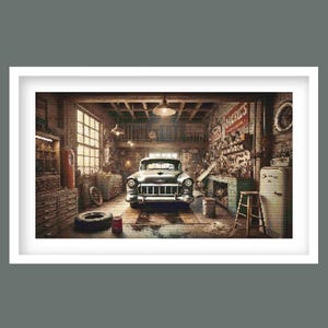 May include: A vintage, silver-grey car parked in a cluttered garage with tools, shelves, and a stepladder. The garage has a wooden floor and a wooden ceiling with exposed beams. There is a red can of paint on the floor.