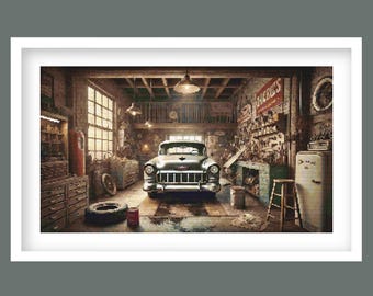 Patrón de punto de cruz de garaje vintage: Decoración retro de coches (Descarga PDF)