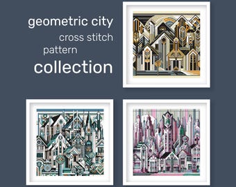 Geometric City Cross Stitch Pattern Trio Collection. Modern Urban Skyline Embroidery. Contemporary Architecture (Digital Download)