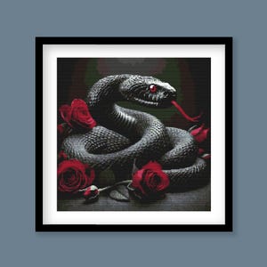 May include: A black snake with red eyes is curled around red roses. The snake's tongue is forked and sticking out. The background is dark.