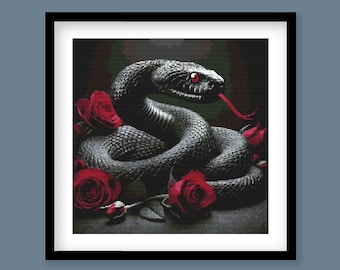Gothic Snake and Roses Cross Stitch Pattern: Dark Serpent Embroidery (Digital PDF Download)