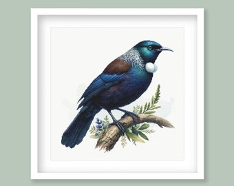 New Zealand Tui Cross Stitch Pattern. Native Bird Cross-Stitch Pattern. Watercolor Tones. Digital Download