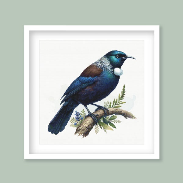 New Zealand Tui Cross Stitch Pattern. Native Bird Cross-Stitch Pattern. Watercolor Tones. Digital Download