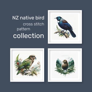 New Zealand Natives Trio Cross Stitch Pattern Collection. Includes the Kea, Kiwi and Tui Bird Cross-Stitch Patterns (Digital Download)