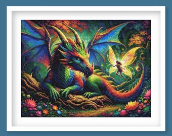 Dragon and Fairy Cross Stitch Pattern - Colorful Magical Garden Embroidery Design - Digital PDF Download