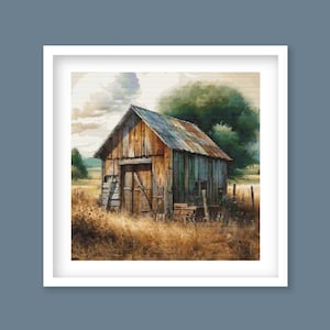 Wzór haftu krzyżykowego Rustic Barn – haftowanie na rustykalnym wiejskim domu. Pobieranie cyfrowe