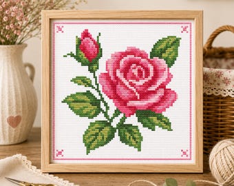 Pink Rose Cross Stitch Pattern – Classic Floral Embroidery Design (Digital Download)