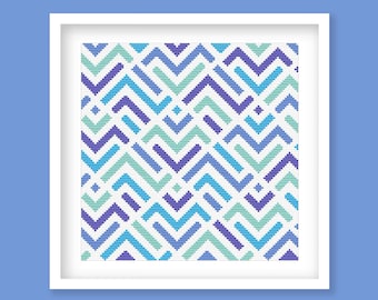 Modern Geometric ZigZag Cross Stitch Pattern - Abstract zigzags in Blue, Green, and Purple, Digital PDF Download.