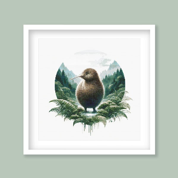 Kiwi Cross Stitch Pattern. New Zealand Bird Cross-Stitch Pattern. Native bird of NZ in Watercolor Tones. Digital Download