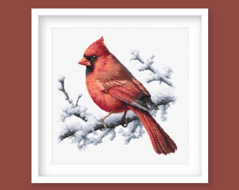 May include: A red cardinal bird perched on a snow-covered branch. The bird has a black eye and a black beak. The background is white.