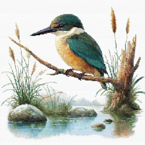 Sacred Kingfisher Kōtare Cross Stitch Pattern featuring a native New Zealand kingfisher perched among reeds with blue-green feathers and wetland scenery.
