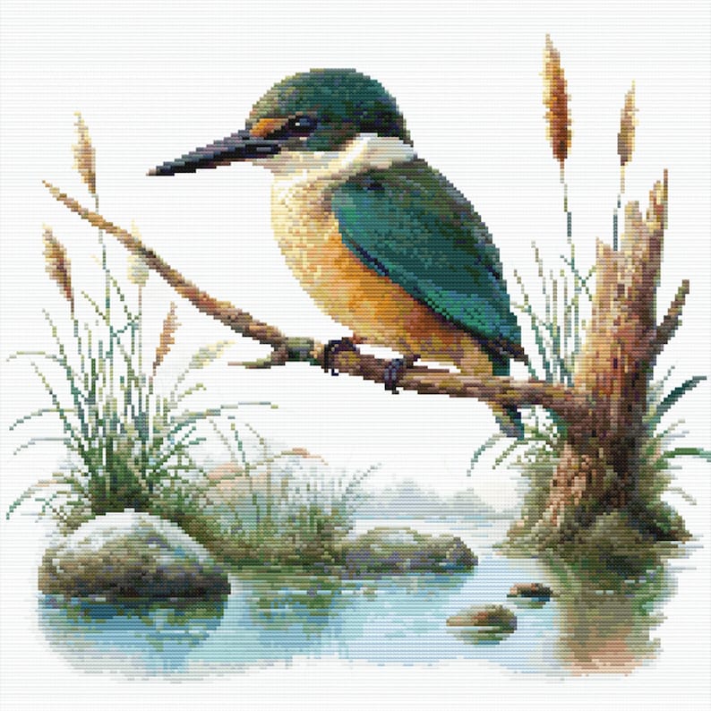 Sacred Kingfisher Kōtare Cross Stitch Pattern featuring a native New Zealand kingfisher perched among reeds with blue-green feathers and wetland scenery.