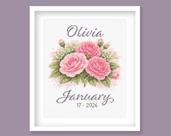 January Birth Flower Cross Stitch Pattern, Pink Carnation Custom Name Design, Personalized Birthday Floral Embroidery (Digital PDF Download)
