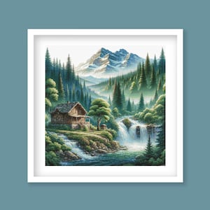 Mountain Cabin Retreat Cross Stitch Pattern – Waterfall & Forest Landscape, Scenic Embroidery Design. Digital PDF Download.
