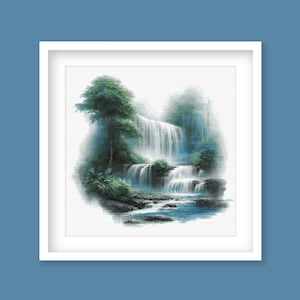 Misty Waterfall Cross Stitch Pattern, Serene Nature Embroidery, DIY Wall Decor, Peaceful Sanctuary Home Decoration. PDF Download