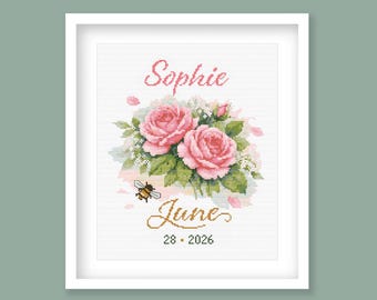 June Birth Flower Cross Stitch Pattern, Roses Birth Record, Custom Name & Date Nursery Wall Art (Digital PDF Download)