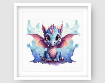 Baby Dragon Cross Stitch Pattern. Advanced Watercolor Dragon Cross-Stitch Pattern. Instant Download