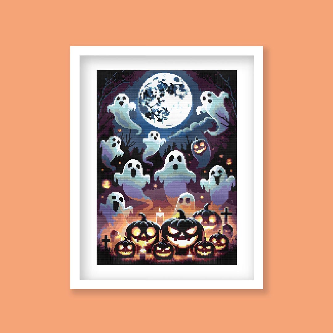 Halloween Ghosts & Pumpkins Cross Stitch Pattern - Spooky Full Moon ...