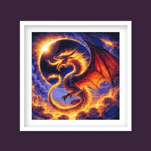 May include: A framed artwork featuring a fiery dragon with orange and red scales, wings, and flames. The dragon is positioned in front of a dark sphere, surrounded by a blue and orange sky. The artwork is in a white frame.
