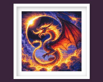 Dragon Cross Stitch Pattern, Firey Dragon Solar Eclipse Embroidery. (Digital Download)