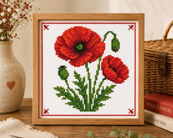 Poppy Flower Cross Stitch Pattern – Botanical Floral Embroidery Design (Digital Download)