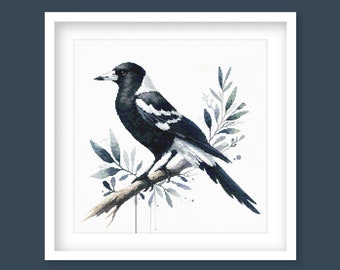 Advanced Magpie Cross Stitch Pattern. New Zealand & Australian Bird Cross-Stitch Pattern. Watercolor Tones. Digital Download