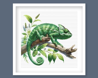 Chameleon Lizard Cross Stitch Pattern - Realistic Reptile Design for Nature and Wildlife Enthusiasts, Digital PDF Download.