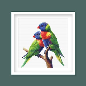 May include: Two colorful lorikeets perched on a branch. The bird on the left is green with blue and red accents. The bird on the right is blue with red, yellow, and green accents.