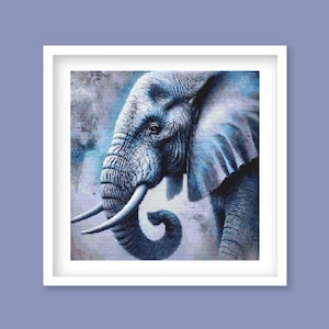 May include: A close-up of an elephant's head and trunk, rendered in shades of blue and gray against a watercolor-like background.