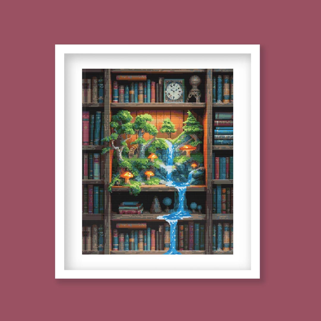 Fantasy Bookshelf Cross Stitch Pattern With Enchanted Waterfall Forest ...