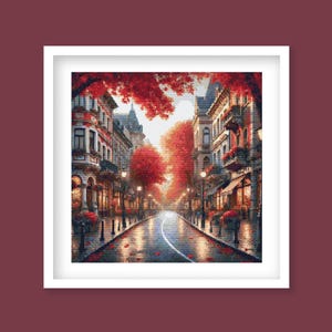 May include: A street lined with buildings in a European city. The street is covered in fallen autumn leaves and the trees lining the street are a vibrant red. The buildings have a vintage look and there are streetlights on both sides of the street.