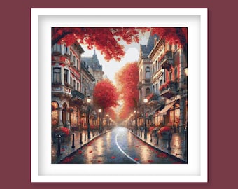 Autumn Cityscape Cross Stitch Pattern - Trees & Street Lamps Scene Embroidery Design. Digital PDF Download.