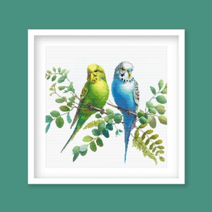 May include: Two budgerigars perched on a branch with green leaves. One budgie is green and yellow, the other is blue.