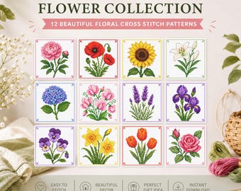 Easy Flower Cross Stitch Pattern Bundle – 12 Floral Designs (Digital Download)