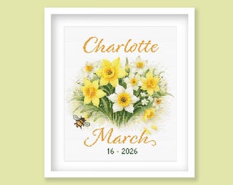 March Birth Flower Cross Stitch Pattern, Daffodil Floral Name Design, Custom Name & Date Nursery Wall Art. (Digital Download)