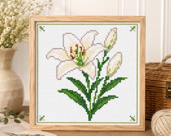 White Lily Cross Stitch Pattern – Elegant Floral Embroidery Design (Digital Download)