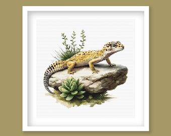 Leopard Gecko Cross Stitch Pattern - Realistic Gecko Lizard on Rock with Succulents Design. Wildlife embroidery, Digital PDF Download.