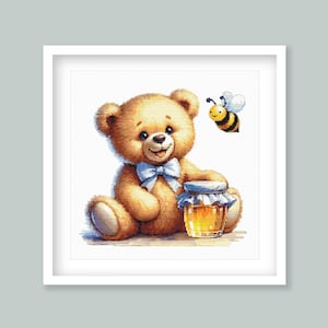 May include: A brown teddy bear wearing a blue bow tie sits with a jar of honey and a bee flying nearby.