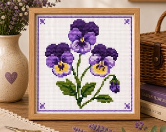 Viola Cross Stitch Pattern – Purple Pansy Floral Embroidery Design (Digital Download)
