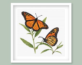 Monarch Butterfly Cross Stitch Pattern on Swan Plant Milkweed Branch. (Digital Download)