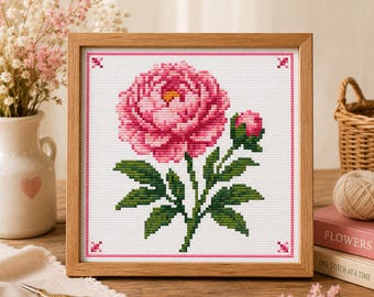 Pink Peony Cross Stitch Pattern – Elegant Floral Embroidery Design (Digital Download)