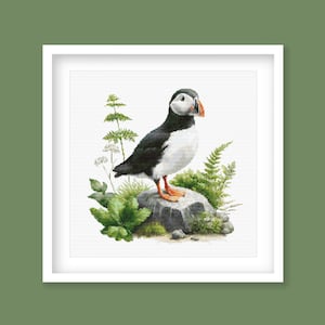 Puffin Cross Stitch Pattern - Coastal Bird on Rock with Greenery - Embroidery Design for Nature Lovers Digital PDF Download