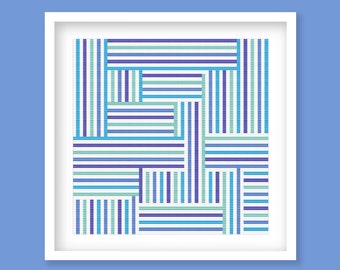 Modern Geometric Stripes Cross Stitch Pattern - Abstract lines in Blue, Green, and Purple, Digital PDF Download.