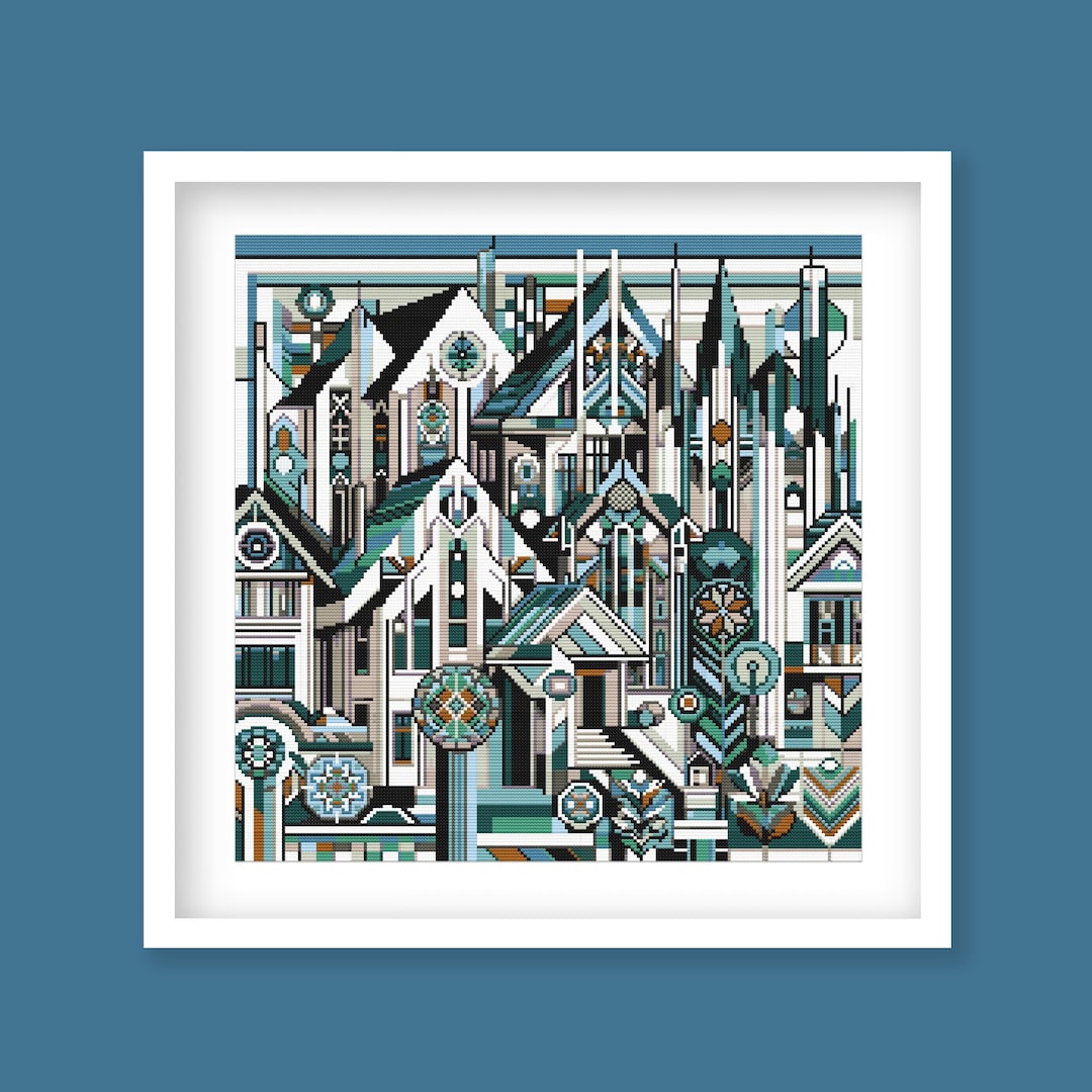 Geometric City Cross Stitch Pattern - Modern Village Architecture ...