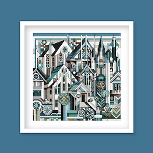 幾何学的な都市のクロスステッチ パターン - モダンな村の建築の刺繍デザイン、アールデコの都市景観の室内装飾、デジタル ダウンロード。